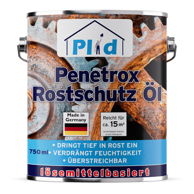 Eine Metalldose mit Rostschutz Öl Penetrox Rostversiegelung von PLID Shop, mit einem rostigen Zahnradbild auf dem Etikett. Sie ist in Deutschland hergestellt, deckt 15 m² ab und hat blaue und gelbe Balken am Boden, die die Vorteile hervorheben.