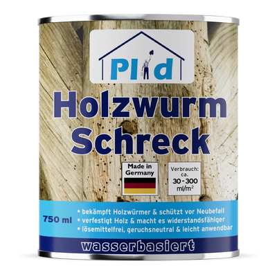 Eine 750-ml-Dose plid Plid Holzwurm Schreck - Effektiver Schutz vor Holzwürmer und Neubefall, ein wasserbasierter Holzschutz made in Germany, mit holzbezogenem Etikett, ideal zur effektiven Holzwurmprävention und -bekämpfung.
