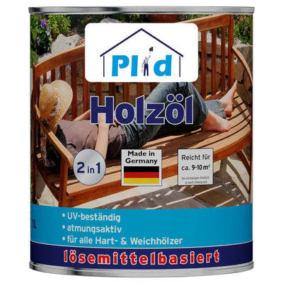 Eine Dose plid Holzöl natürlich & pflegend für Holz innen & außen zeigt eine Frau, die sich auf einer Holzbank ausruht. Das Etikett verweist auf die deutsche Herkunft, die UV-Beständigkeit, den Hartholzschutz, die Eignung für die Gartenmöbelpflege und die lösemittelbasierte Rezeptur.
