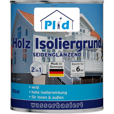 Eine 750-ml-Dose plid Holz-Isoliergrund - gegen Holzinhaltsstoffe & Verfärbungen, weiße Holzgrundierung auf Wasserbasis für den Innen- und Außenbereich. Deckt 6 m² ab. Deutsches Etikett mit Hausmotiv und Flagge.