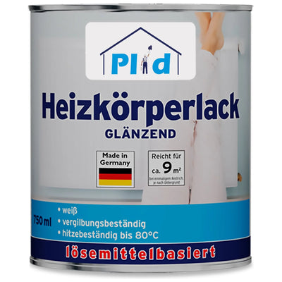 Eine Dose plid Heizkörperlack LH lösemittelhaltig glänzend, hitzebeständig bis 80°C mit Rostschutz, reicht für 9 m²; made in Germany, blau-weißes Design zeigt einen Heizkörper und eine Person beim Streichen.