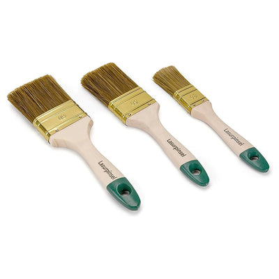Das plid Lasurpinselset 3-tlg enthält drei Pinsel mit hellem Holzstiel, grüner Spitze und goldfarbener Zwinge, die nebeneinander auf weißem Grund angeordnet sind - ideal zum Auftragen von Innenfarbe.