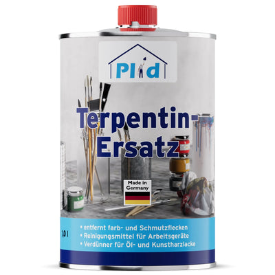 Eine Metalldose plid Plid Terpentin-Ersatz - geruchsarm & vielseitig einsetzbar mit roter Kappe und deutschem Etikett zum Thema Kunstbedarf, made in Germany. Ideal zum Farben und Lacke verdünnen auf weißem und blauem Hintergrund.