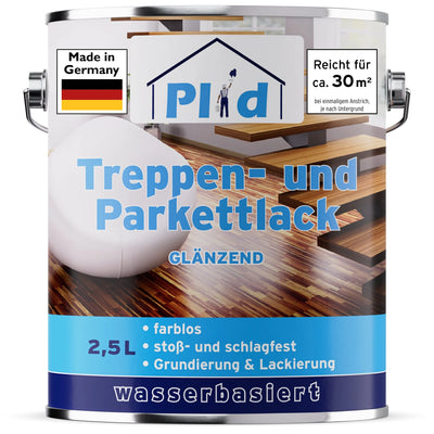 Ein 2,5L Kanister plid Treppen & Parkettlack - schnell trocknend & abriebfest, auf Wasserbasis, farblos, für Holzoberflächen. Made in Germany; deckt ca. 30 m². Innenbild auf dem Etikett; glänzende Oberfläche; stoßfeste Formulierung.