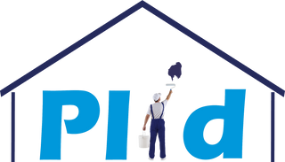 Eine Person in Latzhose malt den Buchstaben a an eine Wand und vervollständigt das Wort Plaid mit dem Umriss eines Hauses.