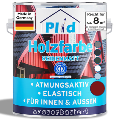 Eine Dose plid Plid Wetterschutz Holzfarbe - deckend & wetterfest für innen & außen, mit Hausmotiv, Deutschlandflagge und Text: atmungsaktiv, elastisch, für innen und außen, auf Wasserbasis, deckt ca. 8 m² pro Auftrag.