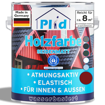 Eine Dose plid Plid Wetterschutz Holzfarbe - deckend & wetterfest für innen & außen, mit Hausmotiv, Deutschlandflagge und Text: atmungsaktiv, elastisch, für innen und außen, auf Wasserbasis, deckt ca. 8 m² pro Auftrag.
