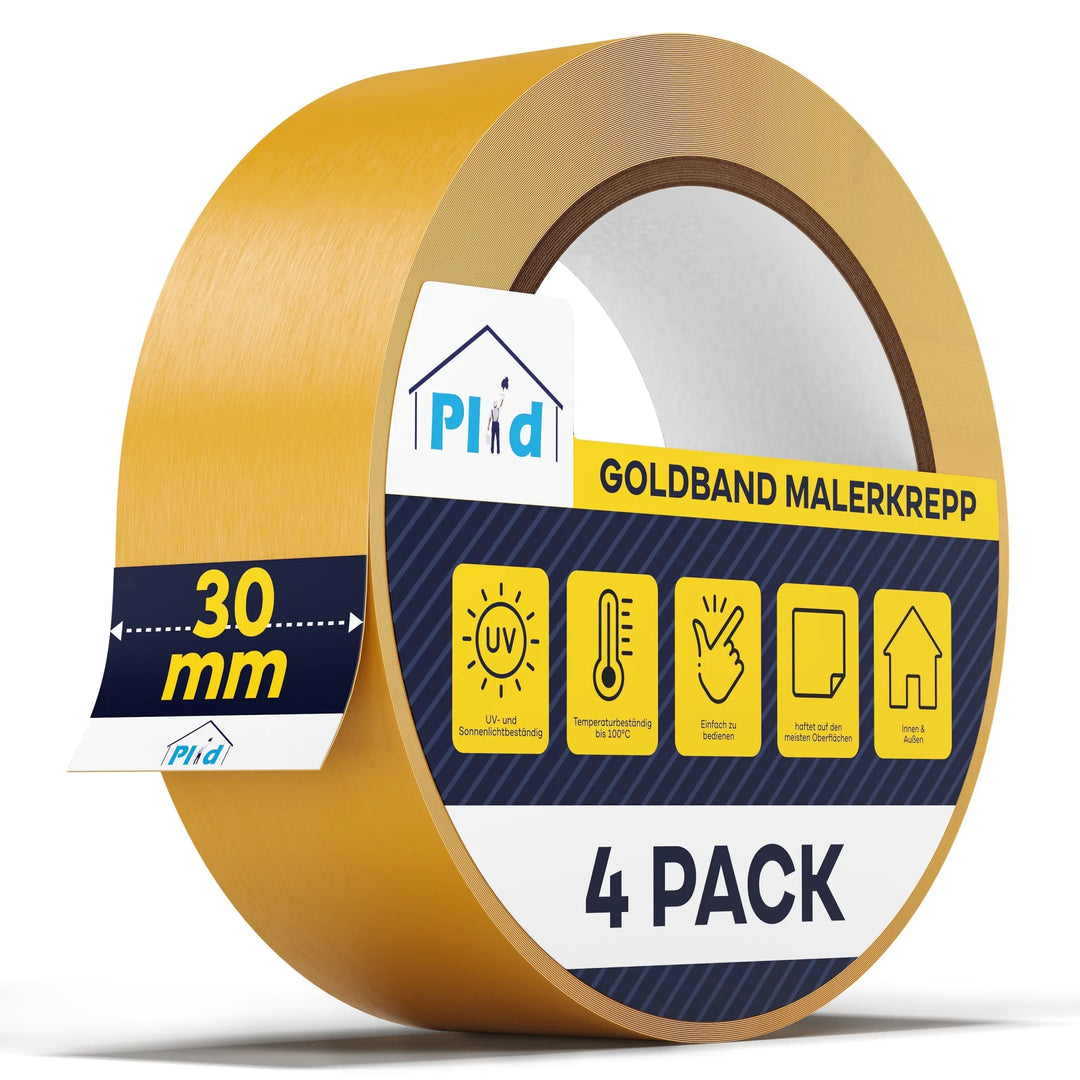 Plid Goldband Malerkrepp 4er Pack, 30mm breit - Professionelles Abklebeband für präzise Farbkanten