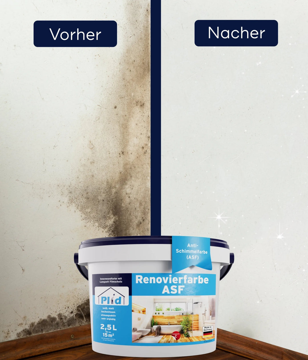 Vorher-Nachher-Vergleich: Schimmelbefallene Wand vor und nach der Behandlung mit Plid Anti-Schimmel-Renovierfarbe