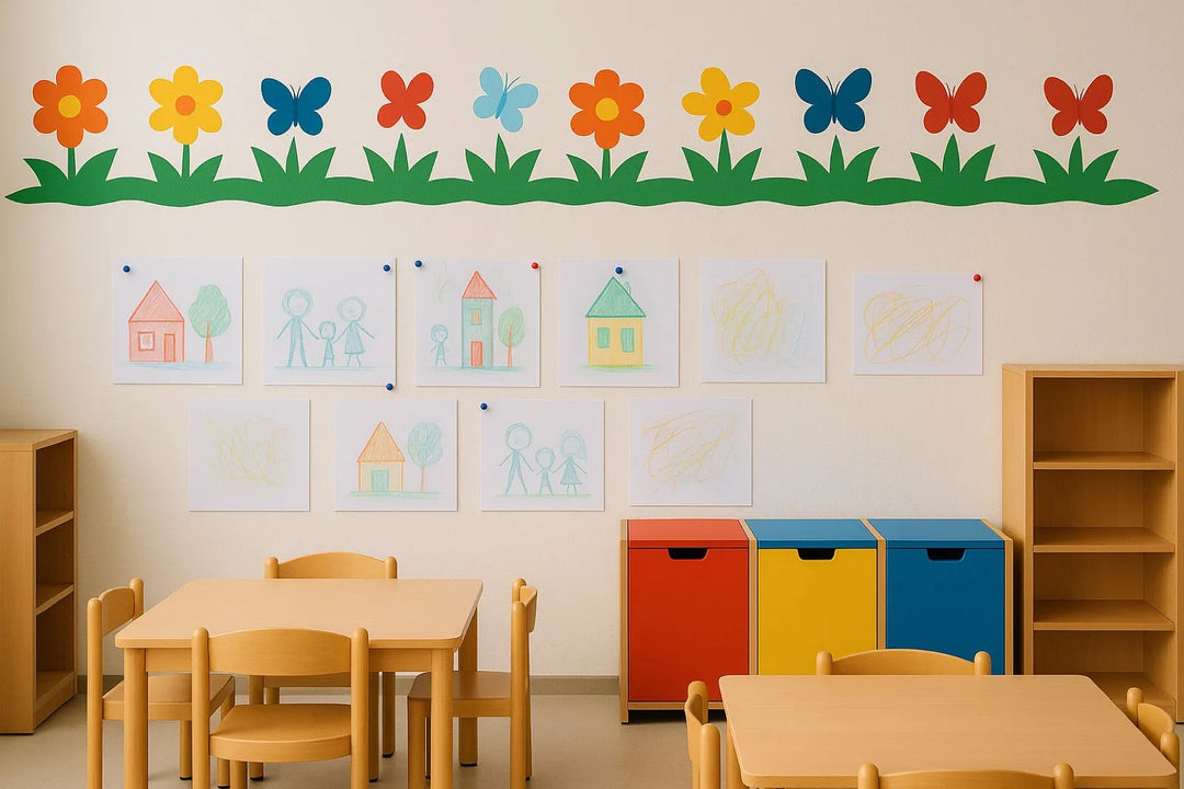 Buntes Kinderzimmer mit weißen Wänden und farbigen Wandstickern - Beispiel für strapazierfähige Latexfarbe