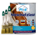 Eine große Dose plid Holzschutzlasur - Pinselset mit deutscher Beschriftung ist neben drei Pinseln abgebildet. Die Dose hebt UV-Schutz, 2 in 1, lösungsmittelbasierte Formel, Made in Germany, hervor und zeigt Bilder und Symbole von Holzverkleidungen.