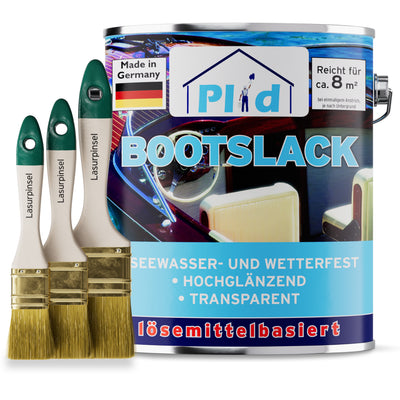 Eine Dose plid Bootslack - Anstreichset mit drei Pinseln auf der Vorderseite. Auf dem Etikett sind blaues Wasser, deutsche Produktangaben und ein Made in Germany Schriftzug zu sehen. Der hochglänzende Lack ist witterungsbeständig und ideal für Boote.