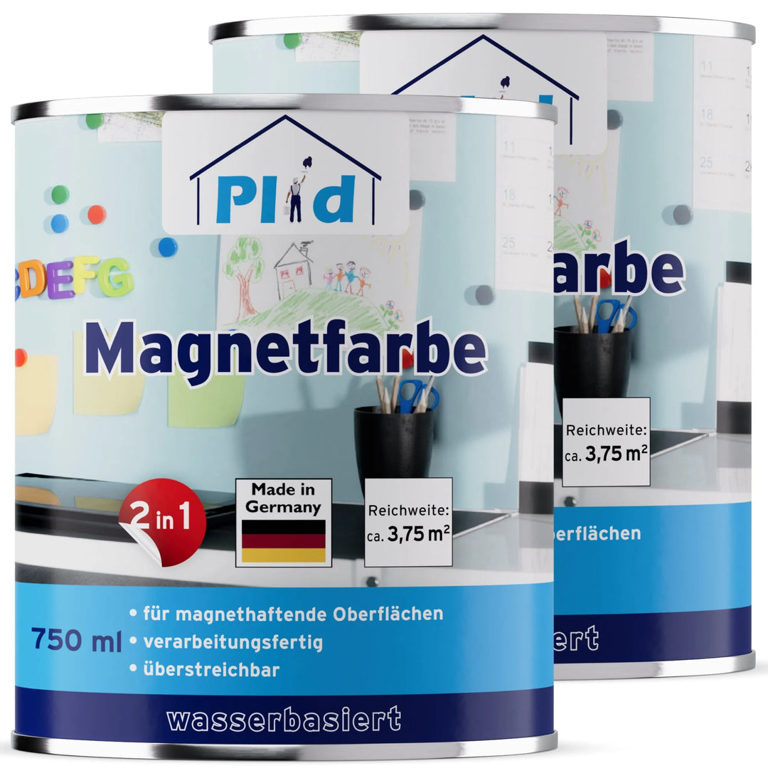 Zwei 750 ml Dosen plid Magnetfarbe - haftstark &amp; überstreichbar für viele Oberflächen, perfekt für die Gestaltung von magnetfreundlichen Flächen wie einem Memoboard. Die Dosen zeigen einen Arbeitsbereich mit Magneten, Whiteboard und deutschem Text.