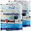 Zwei 750ml Dosen plid Magnetfarbe - haftstark & überstreichbar für viele Oberflächen. Blaue und weiße Etiketten zeigen Schreibtische, Schreibwaren und Magnete; wasserbasiert, made in Germany, deckt ~3,75 m² - ideal für Memoboards.