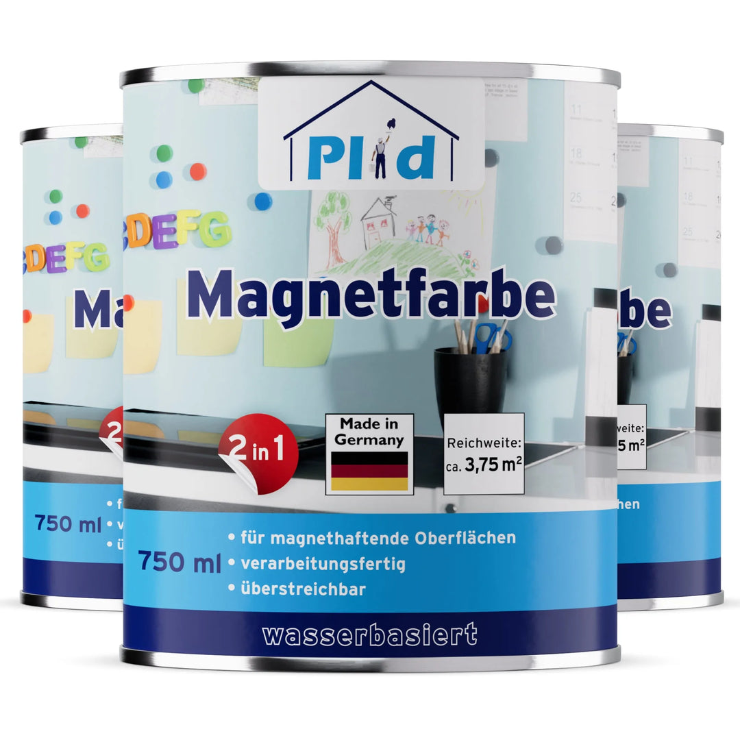 Drei 750 ml Dosen plid Magnetfarbe - haftstark &amp; überstreichbar für viele Oberflächen, gekennzeichnet mit "2 in 1", "Made in Germany" und "wasserbasiert". Ideal für die Gestaltung von magnetischen Memoboards oder Flächen.