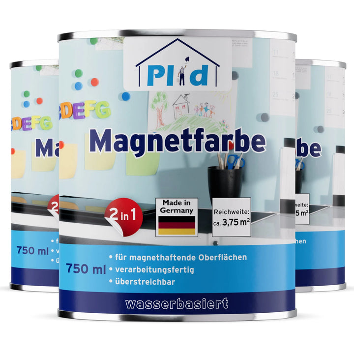 Drei 750 ml Dosen plid Magnetfarbe - haftstark &amp; überstreichbar für viele Oberflächen, gekennzeichnet mit "2 in 1", "Made in Germany" und "wasserbasiert". Ideal für die Gestaltung von magnetischen Memoboards oder Flächen.