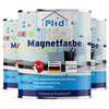 Drei Dosen plid Magnetfarbe - haftstark & überstreichbar für viele Oberflächen (750 ml, 2 in 1, Made in Germany, wasserbasiert) sind abgebildet-ideal für Memoboards & magnetische Flächen. Hellblaue Wand im Hintergrund.