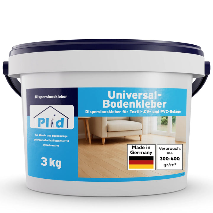 Ein 3 kg Eimer plid Plid Universal Bodenkleber - stark haftend, made in Germany mit blau-weißem Etikett, ist geeignet für Textil-, CV- und PVC-Böden; lösemittelfrei, emissionsarm und deckt 300-400 g/m² ab.