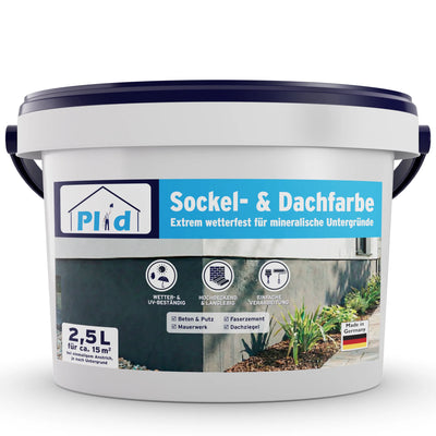 Ein 2,5L Eimer Sockel- & Dachfarbe außen - wetterfest & hochdeckend von PLID Shop, ideale Fassadenfarbe für außen auf mineralischen Flächen, mit deutscher Beschriftung, Icons für Wetterfestigkeit, Deckkraft und Anwendung in Blau-Weiß.