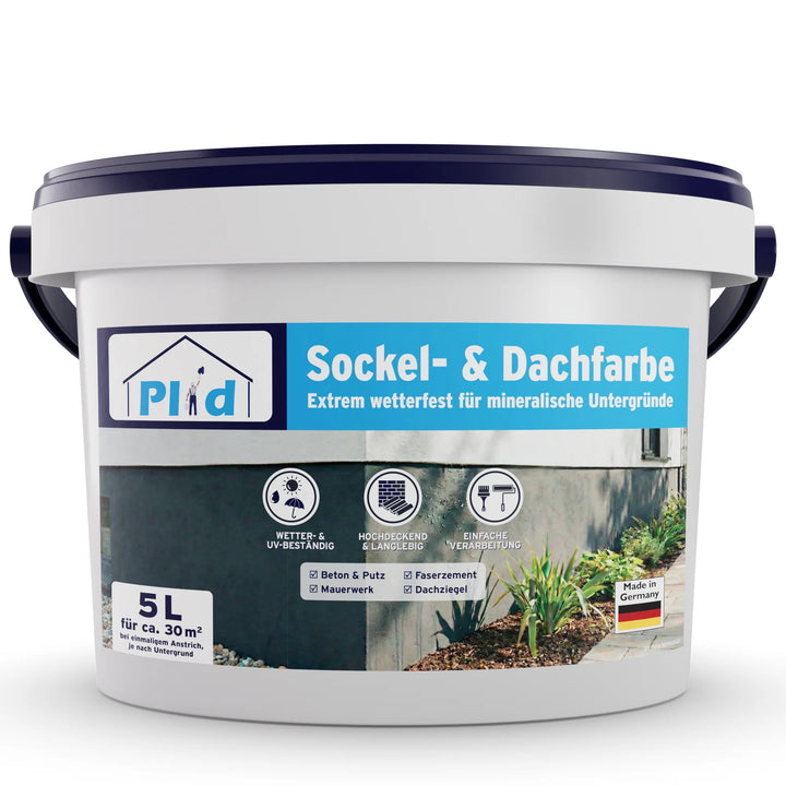Die PLID Shop Sockel- &amp; Dachfarbe außen - wetterfest &amp; hochdeckend ist ein weißer 5L Kunststoffeimer mit marinefarbenem Deckel, ideal als Fassadenfarbe für außen. Deckt 30 m² mineralische Flächen mit witterungsbeständiger, leicht zu verarbeitender Formel.