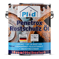 Eine Metalldose mit Rostschutz Öl Penetrox Rostversiegelung von PLID Shop, mit einem rostigen Zahnradbild auf dem Etikett. Sie ist in Deutschland hergestellt, deckt 15 m² ab und hat blaue und gelbe Balken am Boden, die die Vorteile hervorheben.