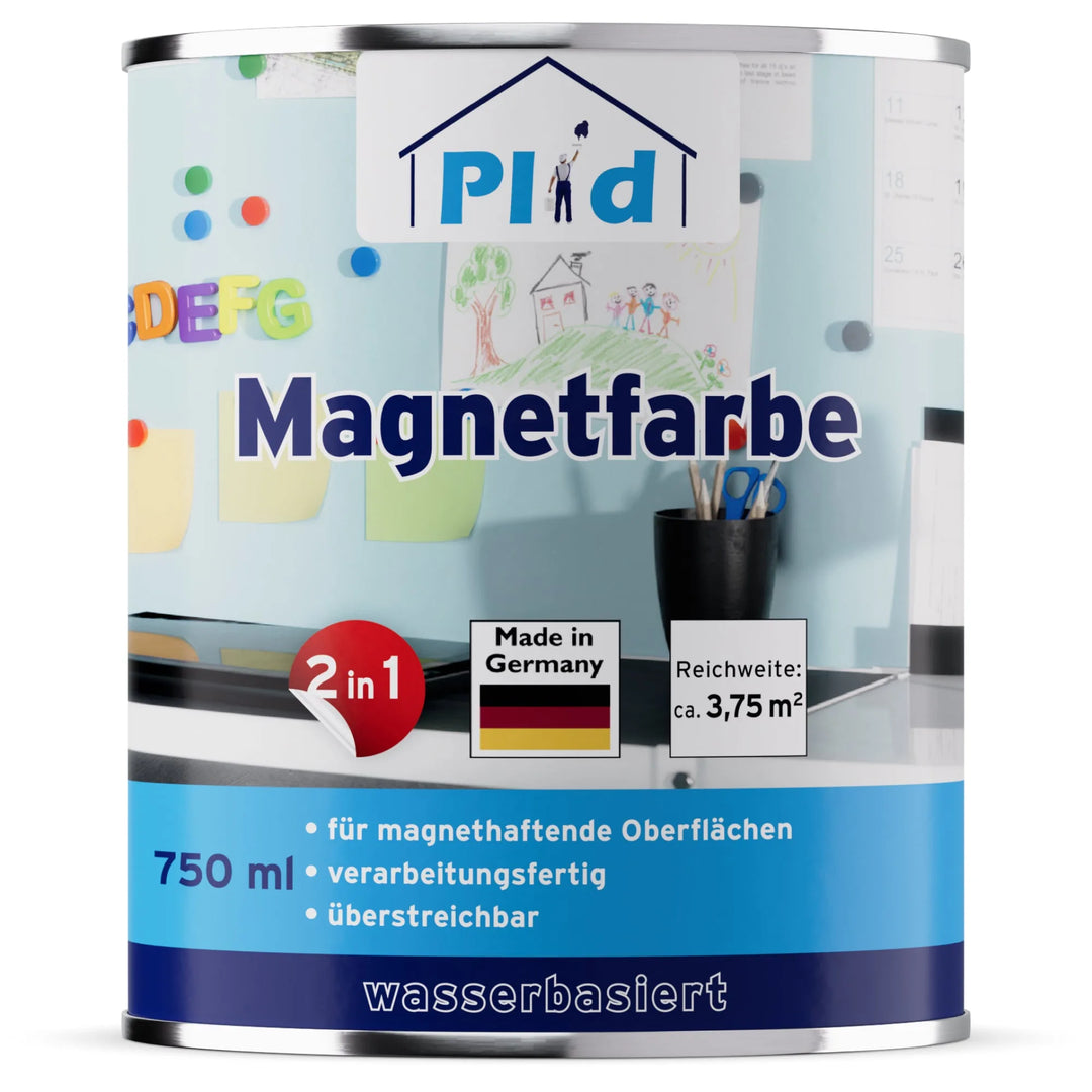 Eine 750 ml Dose plid Magnetfarbe - haftstark & überstreichbar für viele Oberflächen, auf Wasserbasis und Made in Germany-ideal für ein Memoboard auf verschiedenen Oberflächen. Der Hintergrund zeigt Büroartikel und Skizzen.