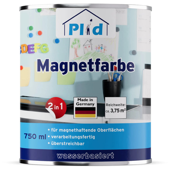 Eine 750 ml Dose plid Magnetfarbe - haftstark &amp; überstreichbar für viele Oberflächen, auf Wasserbasis und Made in Germany-ideal für ein Memoboard auf verschiedenen Oberflächen. Der Hintergrund zeigt Büroartikel und Skizzen.