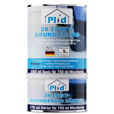 Zwei Dosen PLID Shop 2K Epoxy-Haftvermittler 750ml, eine transparente Grundierung für Beton und Garagenböden, sind gestapelt: die obere mit der Aufschrift Grundierung, die untere mit Härter. Deutsche Details sind sichtbar; dahinter erscheint ein Autoreifen.