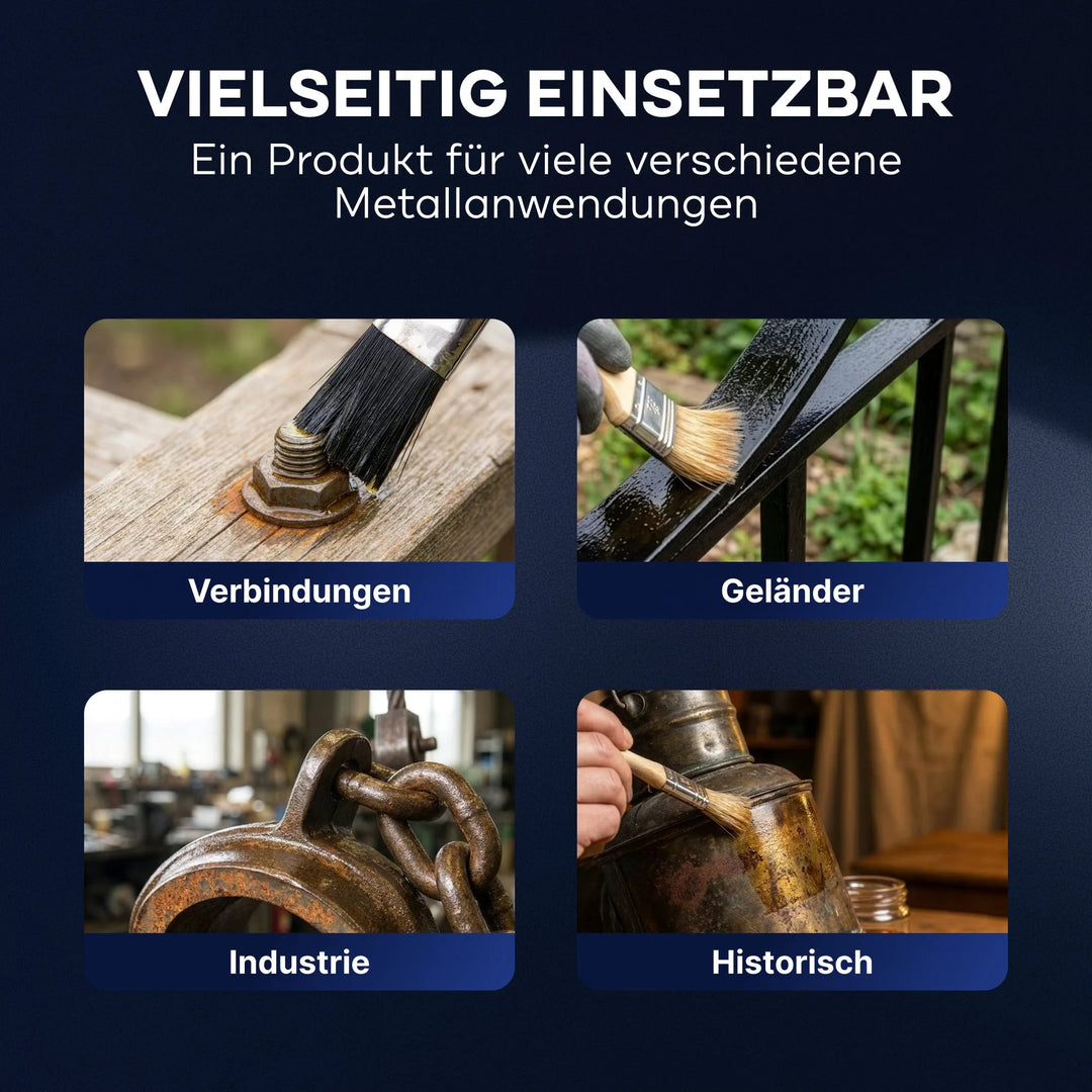Vier beschriftete Bilder zeigen eine Metallbürste, die für Fugen, Geländer, Maschinen und Antiquitäten verwendet wird. Sie veranschaulichen die vielseitige Verwendung von PLID Shop Rostschutz Öl Penetrox Rostversiegelung zum Schutz von Metall. Der gesamte Text ist auf Deutsch.