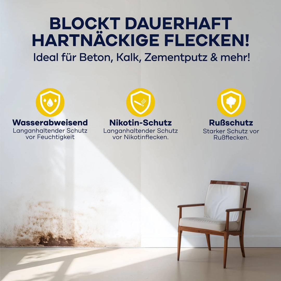 Eine weiße Wand mit starken Verschmutzungen neben einem sauberen Stuhl, überlagert von einem deutschen Text, der für das plid Isolierfarbe LH Anstreichset - Nikotinsperre gegen Verfärbungen wirbt und die Resistenz gegen Wasserflecken und Ruß mit drei gelben Symbolen hervorhebt.