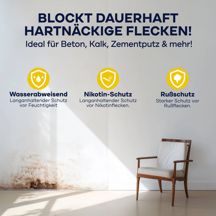 Eine weiße Wand mit starken Verschmutzungen neben einem sauberen Stuhl, überlagert von einem deutschen Text, der für das plid Isolierfarbe LH Anstreichset - Nikotinsperre gegen Verfärbungen wirbt und die Resistenz gegen Wasserflecken und Ruß mit drei gelben Symbolen hervorhebt.
