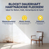 Ein weißer Stuhl steht vor einer fleckigen Wand. Darüber wirbt ein fettgedruckter Text in deutscher Sprache für plid Isolierfarbe LH Anstreichset - Nikotinsperre gegen Verfärbungen, mit Symbolen für den Schutz vor Wasserflecken, Nikotin und Ruß.