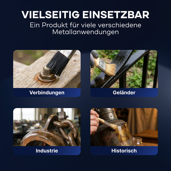 Eine deutsche Grafik zeigt vier Bilder eines Pinsels, der PLID Shop Rostschutz Öl Penetrox Rostversiegelung auf Metall in Fugen, Geländern, Industrie und Oldtimern aufträgt und damit den vielseitigen Schutz für Metall &amp; Stahl von Auto Motorrad Oldtimer unterstreicht.