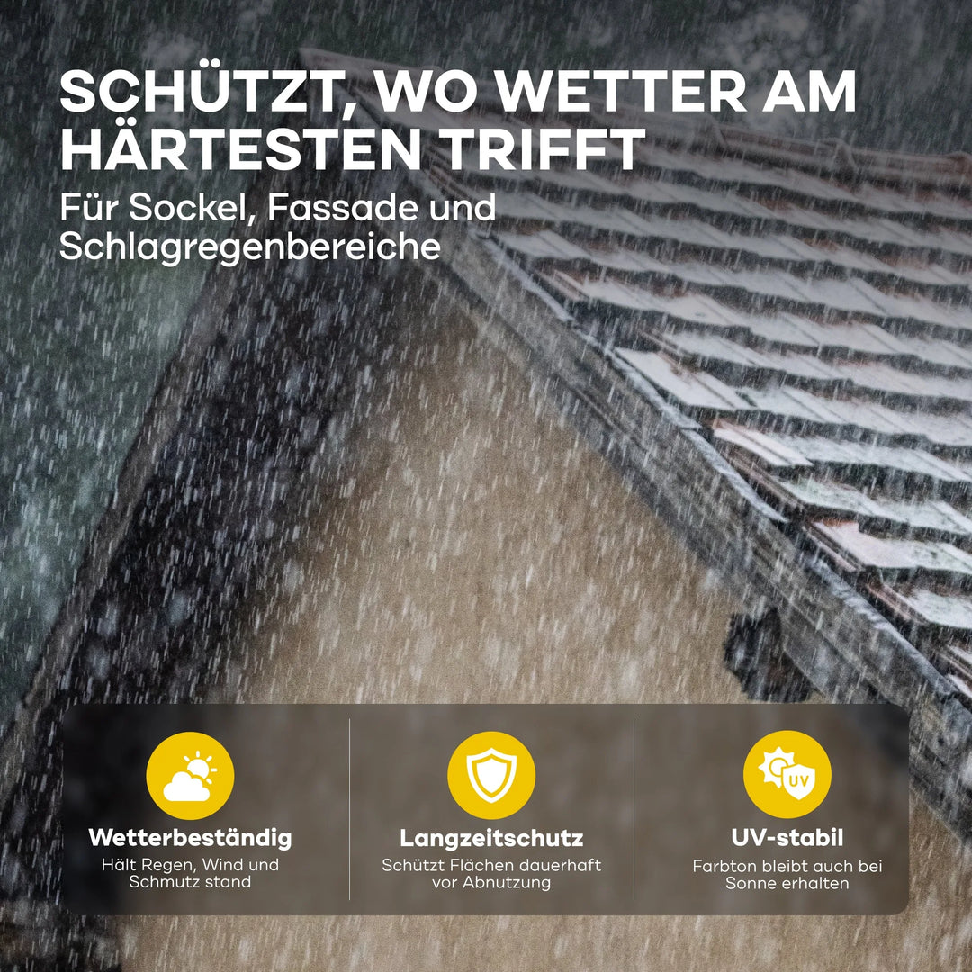 Ein Haus im Regen und Schnee zeigt den wetterfesten Schutz der "Sockel- &amp; Dachfarbe außen - wetterfest &amp; hochdeckend" von PLID Shop für Base, Fassade und exponierte Flächen. Icons betonen Wetterbeständigkeit, UV-Schutz und langanhaltende Wirkung.
