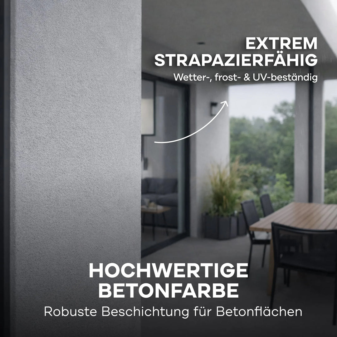 Außenterrasse mit modernen Möbeln und großen Fenstern; deutscher Text hebt plid Plid Betonfarbe für Böden &amp; Wände - abriebfest &amp; wetterbeständig für robuste, pflegeleichte Betonoberflächen hervor.