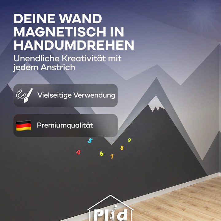 Auf einer dunkelgrauen Wand mit Bergmotiv sind bunte magnetische Zahlen abgebildet. Ein deutscher Text wirbt für das Magnetfarbe - Anstreichset von plid zur Gestaltung einer magnethaftenden Fläche und verweist mit einem Deutschlandfahnen-Symbol auf die vielseitige Verwendbarkeit und hochwertige Qualität.