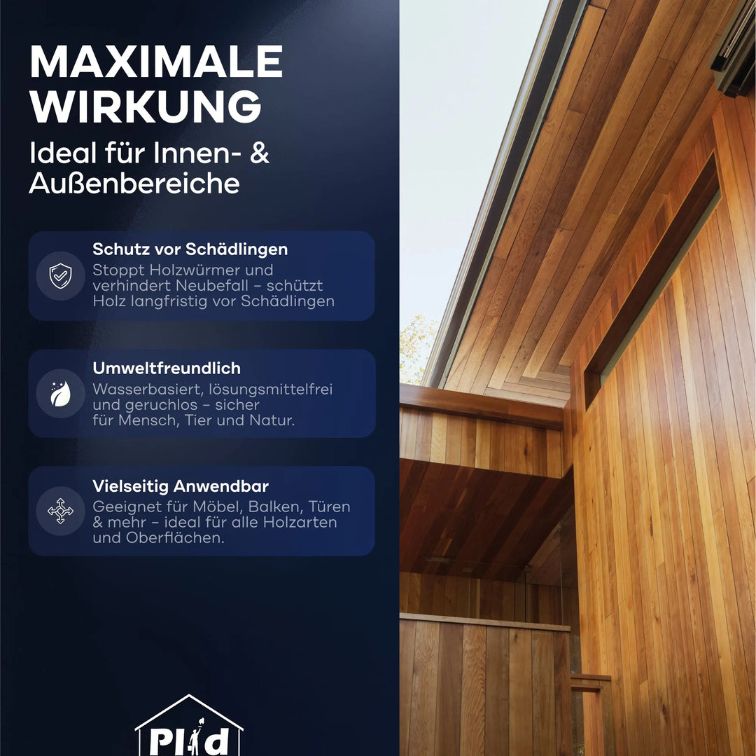 Infografik mit einem Foto von moderner Holzarchitektur. Text-Highlights Plid Holzwurm Schreck von plid: wirksamer Schutz gegen Holzwürmer und Neubefall, umweltfreundlich, geruchsarm, vielseitig im Innen- und Außenbereich einsetzbar. plid-Logo am unteren Rand.