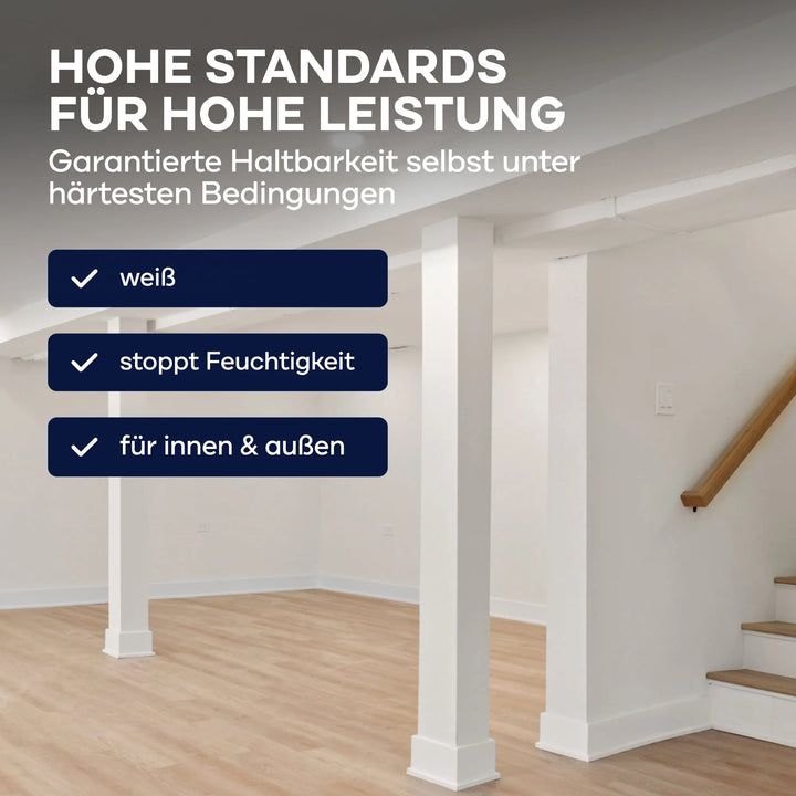 Heller, sauberer Keller mit hellem Holzfußboden und weißen Wänden. Der deutsche Text hebt plid Isolierfarbe LH Anstreichset - Nikotinsperre gegen Verfärbungen für seine Haltbarkeit, seinen Feuchtigkeitsschutz und seine Fähigkeit, Wasserflecken innen und außen abzudecken, hervor.