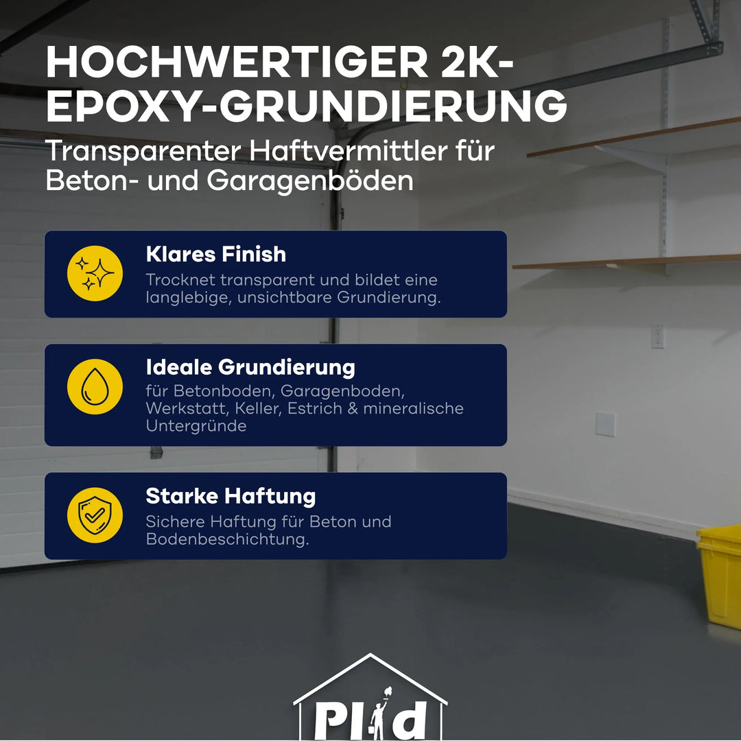 Eine Grafik, die für den 2K Epoxy-Haftvermittler 750ml von PLID Shop wirbt - eine transparente Grundierung für Beton- und Garagenböden. Sorgt für starke Haftung, klares Finish, und ist ideal als Betonboden Grundierung oder Haftvermittler für Bodenbeschichtungen.