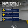 Infografik zum 2K Epoxy-Haftvermittler 750ml von PLID Shop: Transparente Grundierung für Beton- und Garagenböden, sorgt für klares Finish und starke Haftung - perfekt inspiriert durch eine ordentliche Garage im Hintergrund.