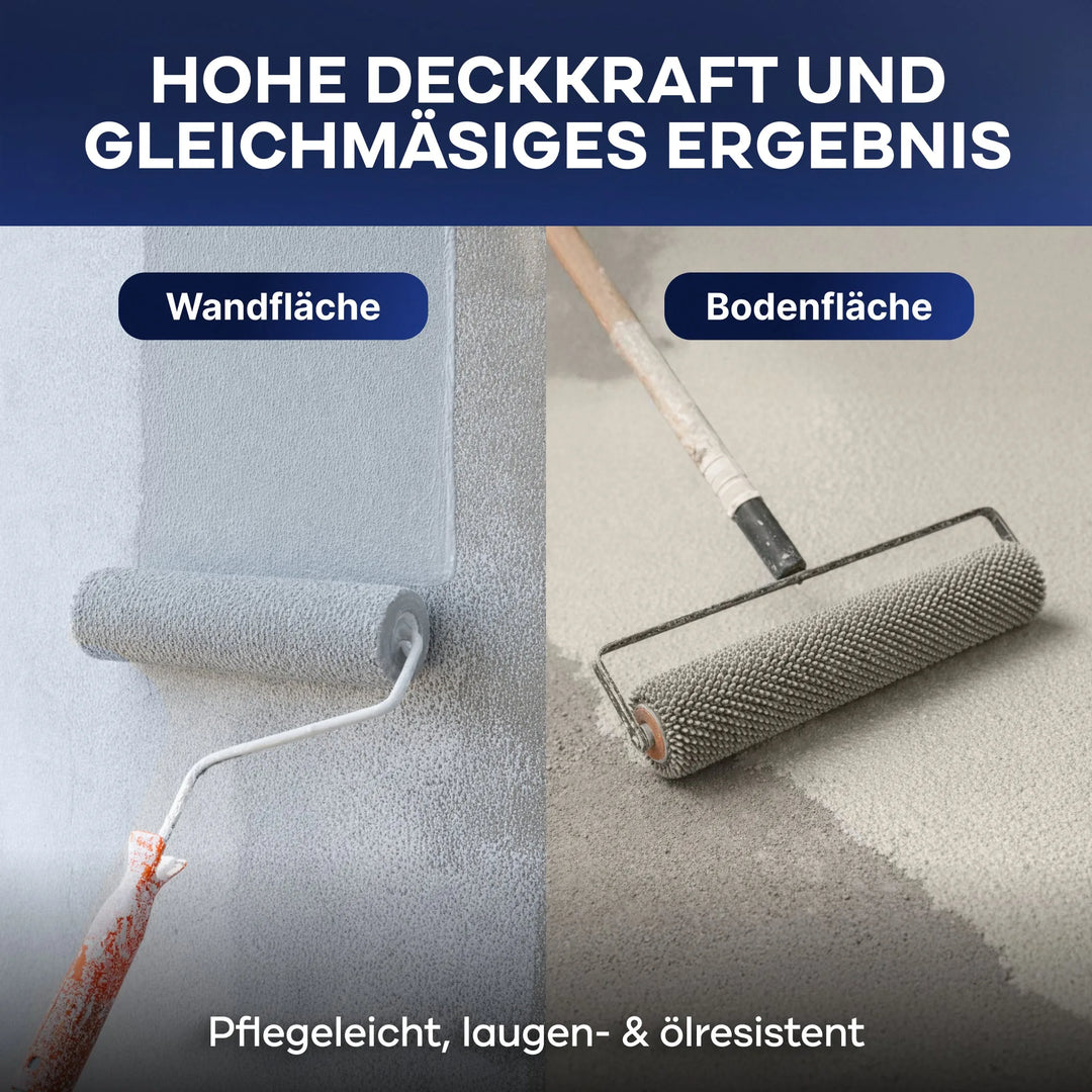 Ein geteiltes Bild zeigt, wie plid Betonfarbe für Böden &amp; Wände auf eine Wand und einen Boden gerollt wird. Der Text hebt die hohe Deckkraft, das glatte Ergebnis, die Abriebfestigkeit und die wetterfeste Rezeptur des Produkts der Marke plid hervor.