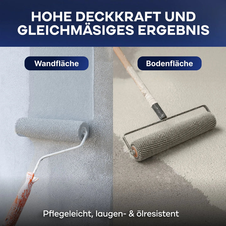 Geteiltes Bild: Links ist eine Farbrolle zu sehen, die hellgraue Betonfarbe - Anstreichset by plid auf eine Wand aufträgt; rechts ist hochdeckende Bodenfarbe auf einem Fußboden zu sehen. Text: Hohe Deckkraft und gleichmäßiges Ergebnis.