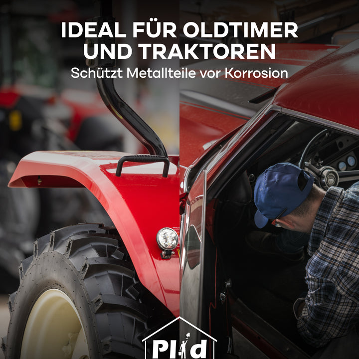 Ein Mann mit einer blauen Mütze repariert einen alten roten Traktor. Der deutsche Text darüber lautet: "Ideal für Oldtimer und Traktoren. Das PLID Shop Rostschutz Öl Penetrox schützt Metall &amp; Stahl vor Rost." Der Schwerpunkt liegt auf Details zu Traktoren und deren Wartung.