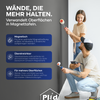 Eine lächelnde Frau rollt Magnetfarbe von plid auf eine weiße Wand, während ein Mann mit Pinsel und Dose kniet; Infokästen weisen auf die starke Haftung der Farbe, ihre Eignung für viele Oberflächen und ihre Fähigkeit hin, praktische Magnetwände zu schaffen.