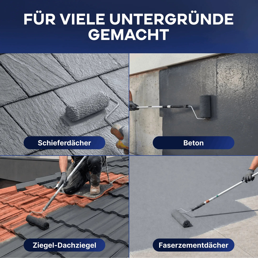Eine Grafik zeigt Sockel- &amp; Dachfarbe außen - wetterfest &amp; hochdeckend von PLID Shop auf Schieferdächern, Beton, Tonziegeln und Faserzement: FÜR VIELE UNTERGRÜNDE GEMACHT, für dauerhaften Wetterschutz.