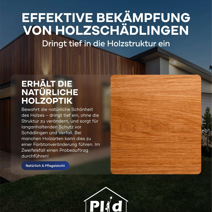 Plid Werbegrafik für Plid Holzwurm Schreck: Effektiver Schutz vor Holzwürmern und Neubefall, mit Holzbrett als Beispiel und modernem Haus im Hintergrund. Text betont Vorteile wie Erhalt der natürlichen Holzoptik.
