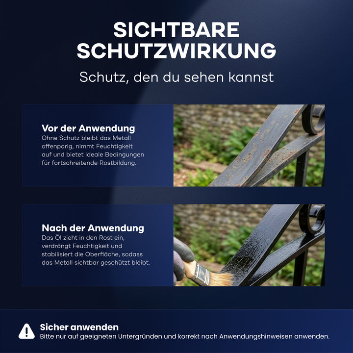 Infografik zeigt Vorher-Nachher-Effekt: Oben rostiges Metallgeländer, unten gleiche Stelle nach Anwendung von PLID Shop Rostschutz Öl Penetrox Rostversiegelung - sichtbar schützt Metall wirksam vor Korrosion.
