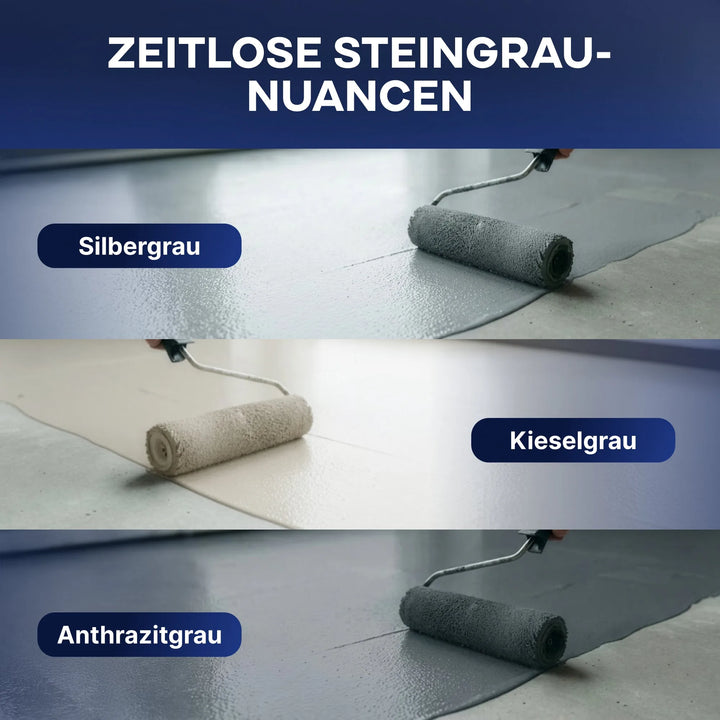 Drei Rollen tragen plid Betonfarbe - Anstreichset in silbergrau, kieselgrau und anthrazitgrau auf den Boden auf - ideal als Bodenbeschichtung. Text oben: Zeitlose Steingrau-Nuancen.