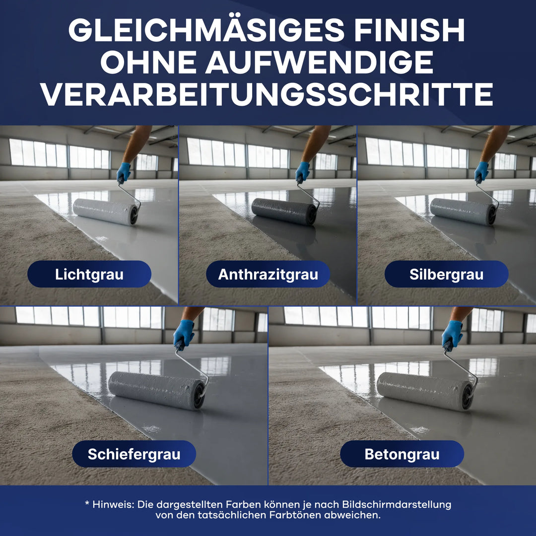 Eine Hand mit blauen Handschuhen trägt plid Flüssigkunststoff Bodenbeschichtung für Innen &amp; Außen - Betonfarbe in den fünf Farbtönen Lichtgrau, Anthrazitgrau, Silbergrau, Schiefergrau und Betongrau auf, während der Text eine glatte Oberfläche und eine einfache Anwendung hervorhebt.