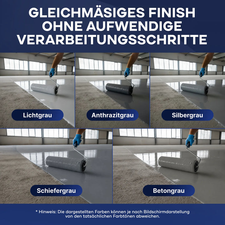 Eine Hand mit blauen Handschuhen trägt plid Flüssigkunststoff Bodenbeschichtung für Innen &amp; Außen - Betonfarbe in den fünf Farbtönen Lichtgrau, Anthrazitgrau, Silbergrau, Schiefergrau und Betongrau auf, während der Text eine glatte Oberfläche und eine einfache Anwendung hervorhebt.
